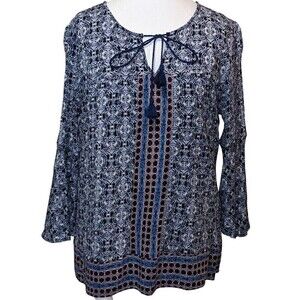 Cato Tunic Womens Medium Blue Geometric‎ Print 3/4 Sleeve